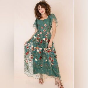 Green Floral Embroidered Maxi Dress